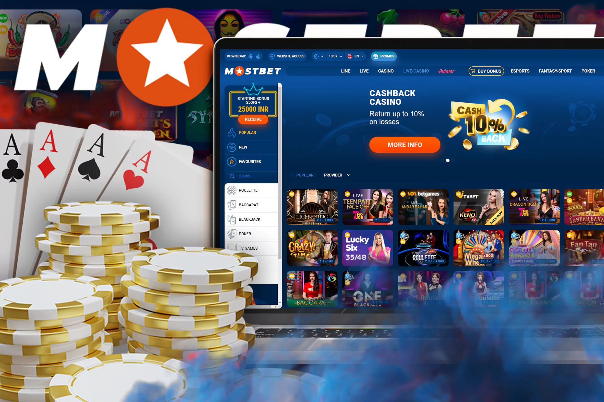 Besides slots, casino fans can play live games with real dealers.