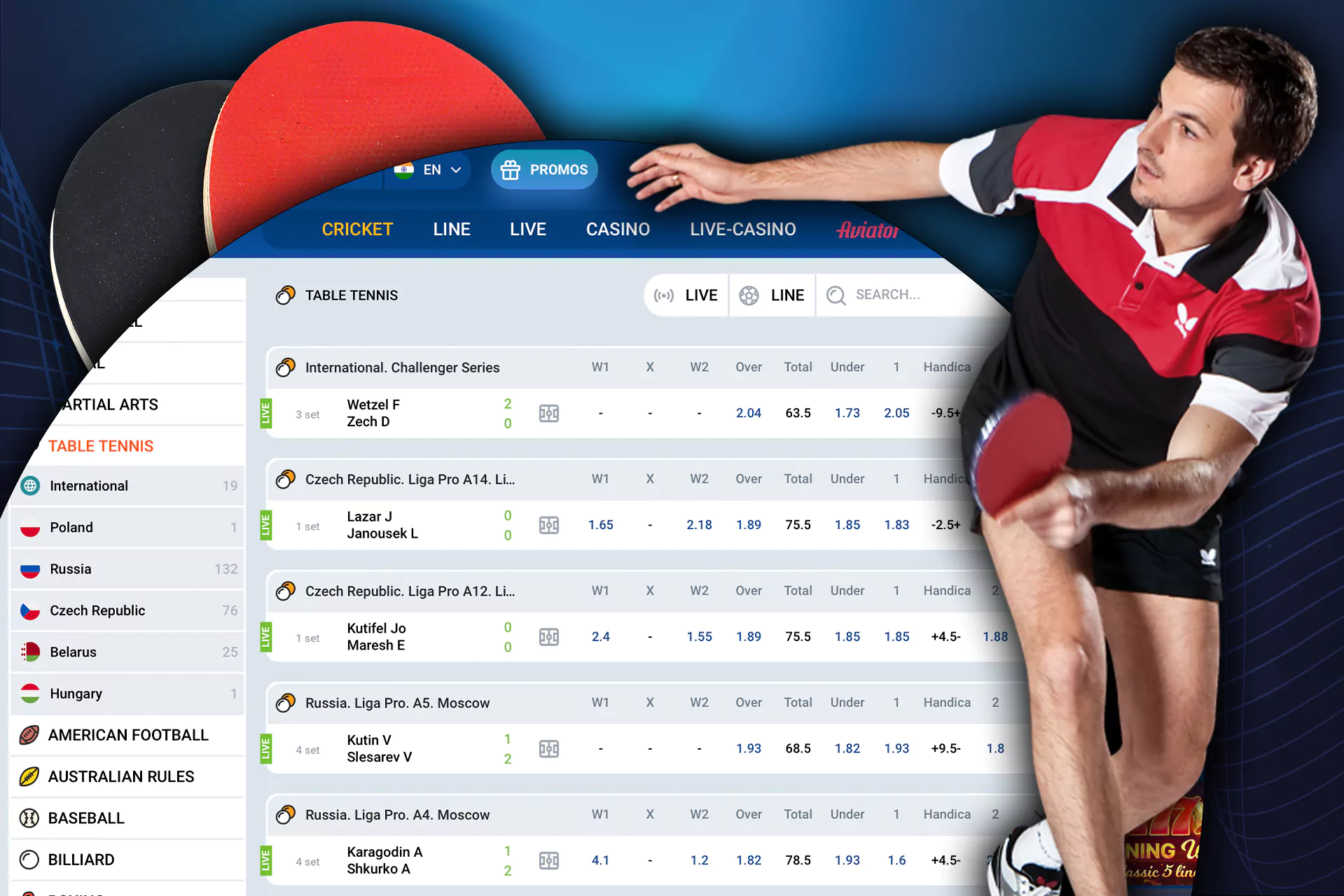 Table tennis betting at Mostbet: international and local betting.