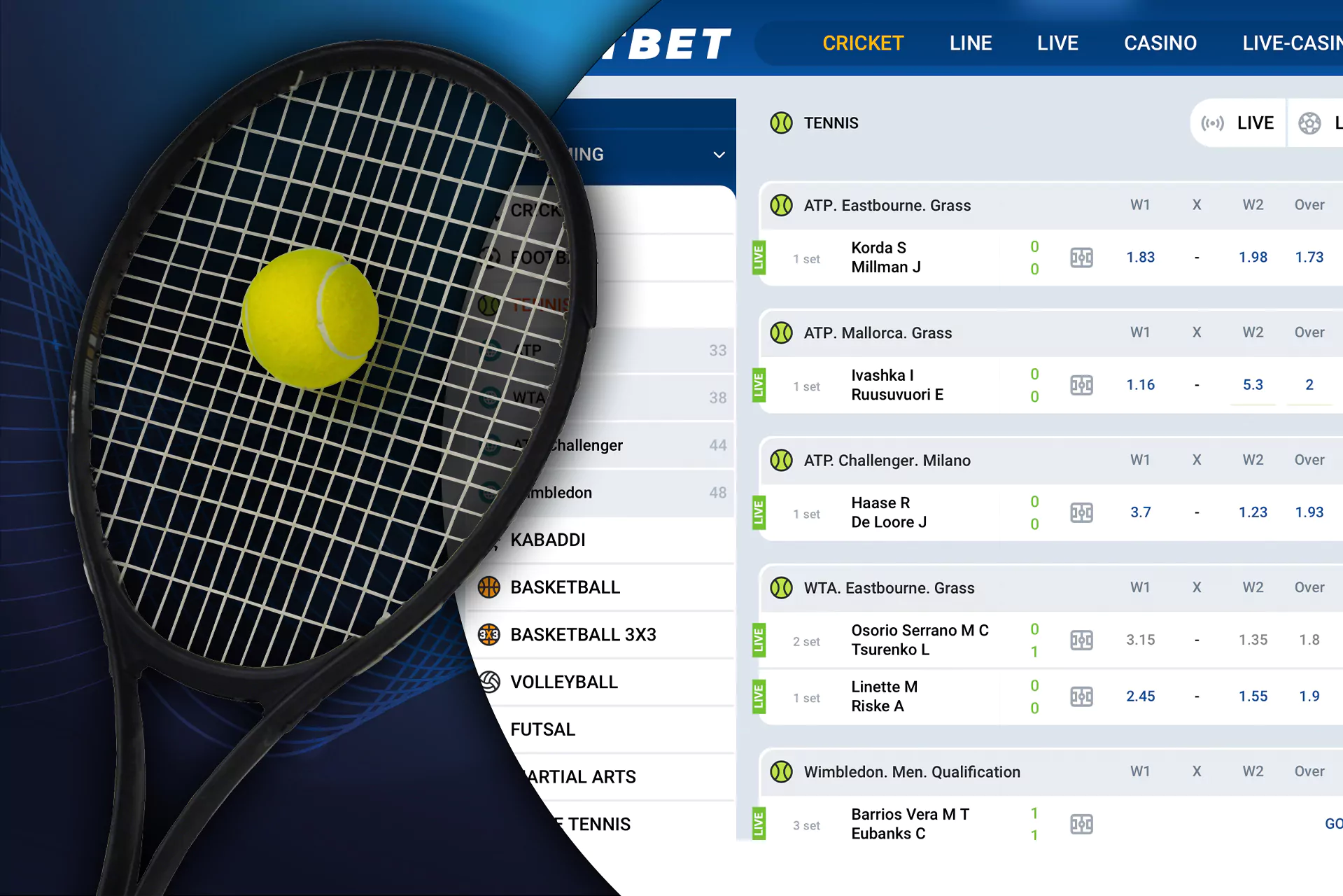 Tennis betting at Mostbet: international and local championships.
