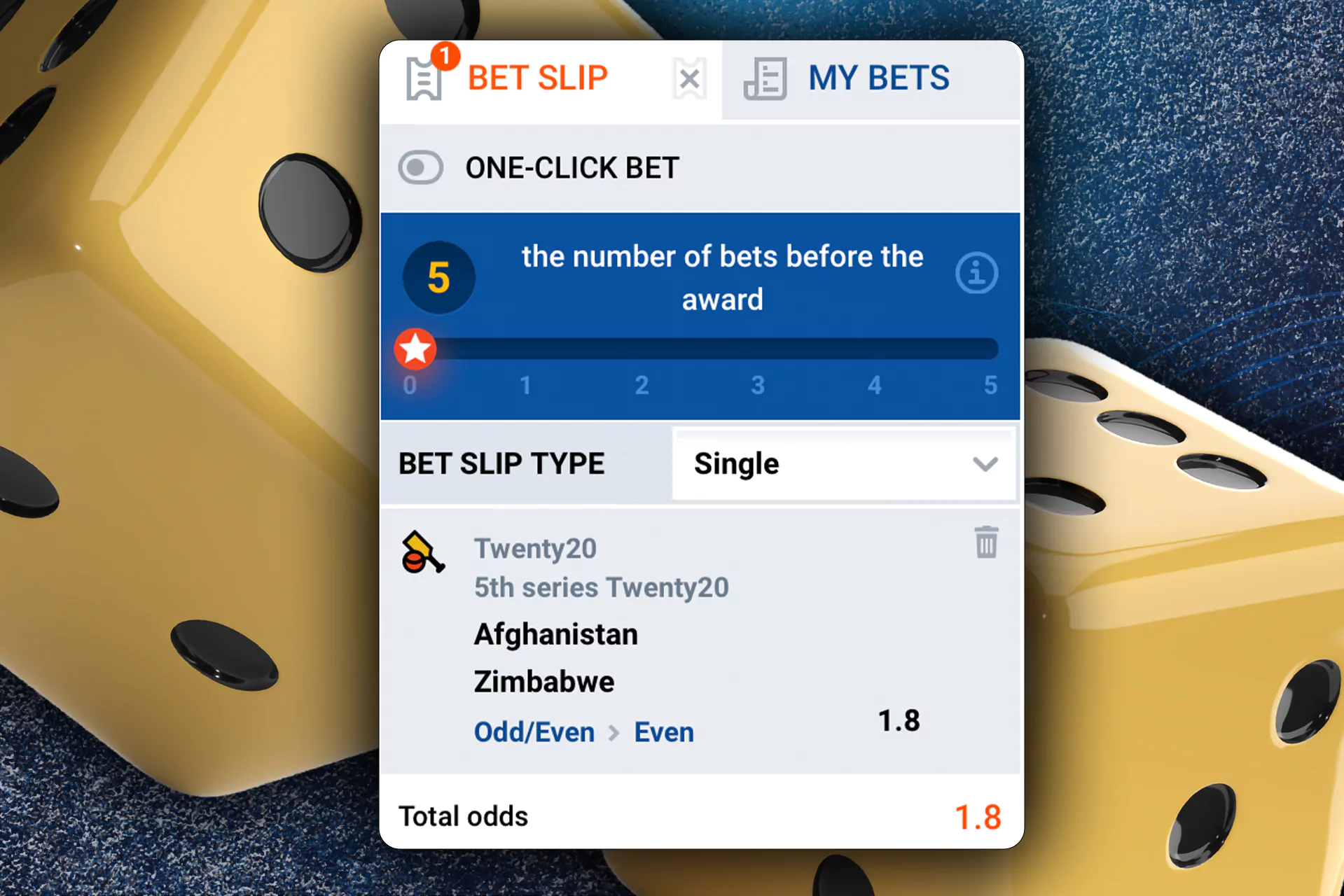 Types of bets: single, bet slip, my bets.