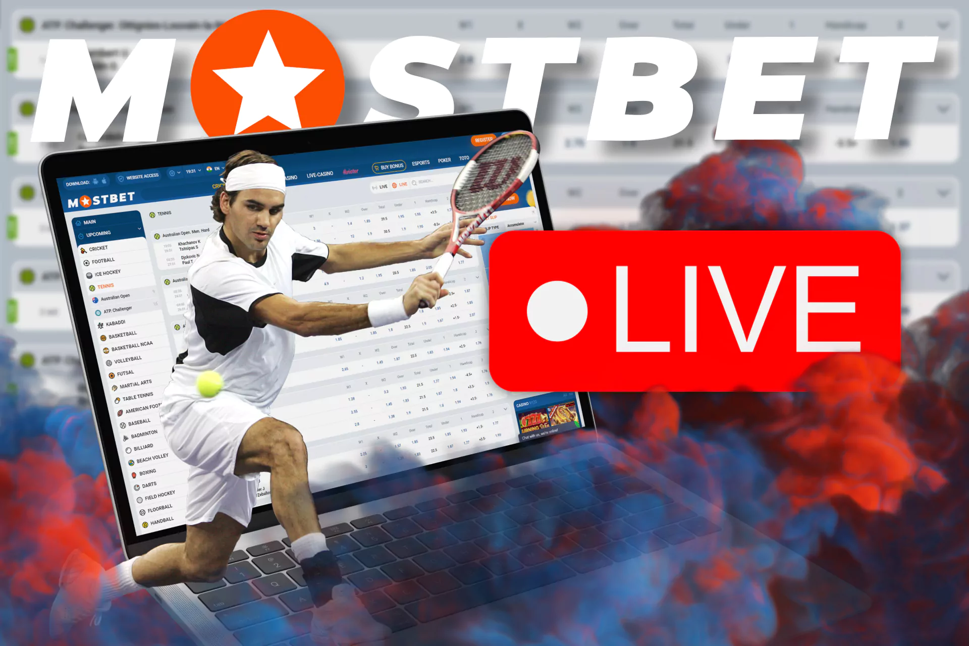 Place tennis bets with Mostbet during the live broadcast.