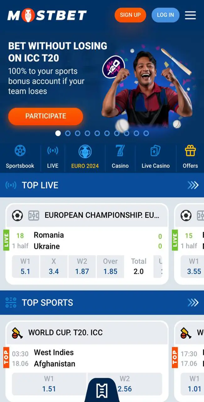 The home page in the Mostbet casino app.