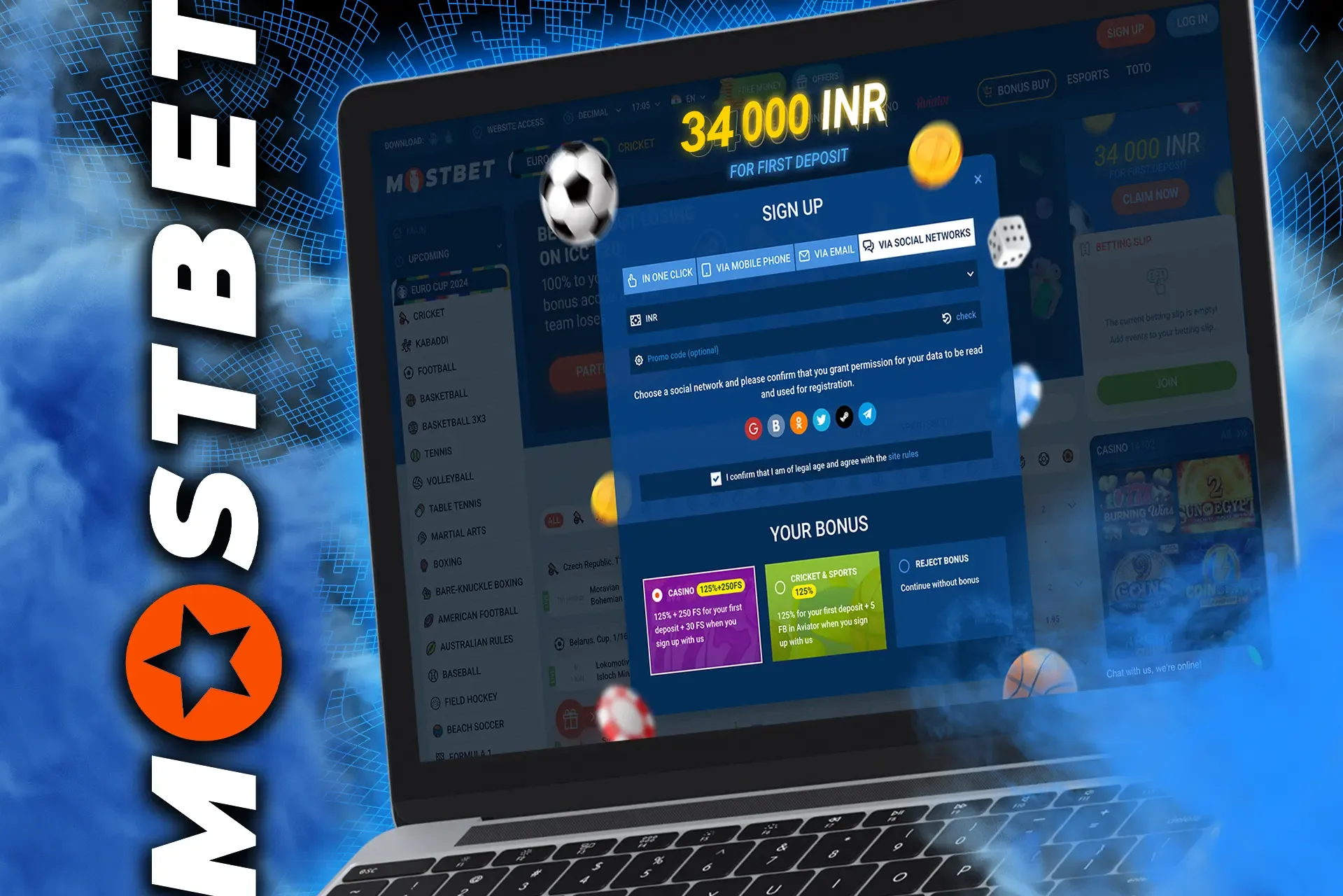 In the Mostbet registration window, select the method of registration via social networks and follow the instructions given in the window.